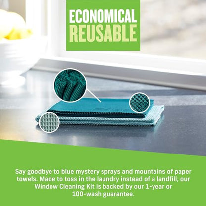 E-Cloth Microfiber Window Cleaning Cloth Kit - Glass Cleaning Cloth for Windows, Mirrors, Cars, Lenses, Eyeglasses, & More, Streak Free Clean, Machine Washable Reusable Towel - Green