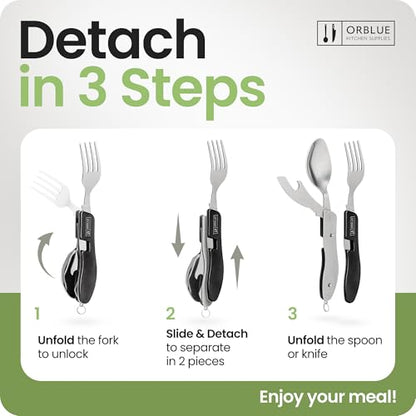 Orblue 4-in-1 Camping Utensils, 1-Pack, Portable Stainless Steel Spoon, Fork, Knife & Bottle Opener Combo Set - Travel, Backpacking Cutlery Multitool, Black - color: 1-PACK Boundless Black