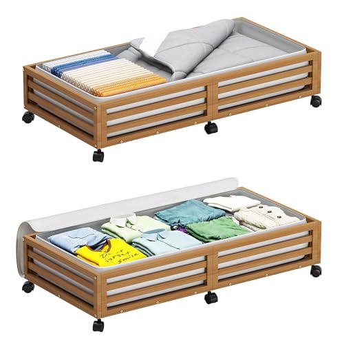 Wisuce Bamboo Under Bed Storage Containers- Underbed Organizer with Wheels with Dust Bag,Sturdy Wood Rolling Under the Bed Shoe Storage Organizer Drawers (Brwon, 2 Pack (33.07"×16.54")) - color: Walnut, size: 2 Pack (30.72"×16.54")