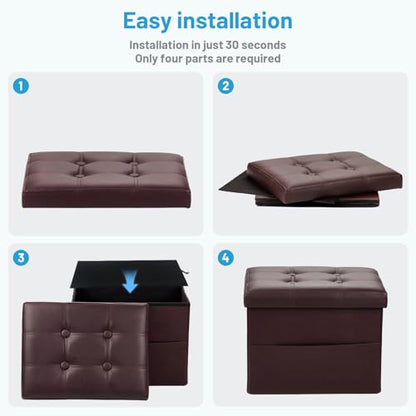 Bsketa Storage Ottoman Foot Rest Stool, Small Leather Storage Ottomans Bench, Folding Footstool with Side Pockets, Foot Rest Under Desk for Living Room Bedroom, 17x13x13 in, Brown - color: Brown-with Side Pockets.