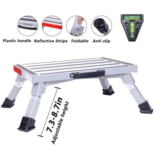 Homeon Wheels RV Step Stool, Adjustable Height Aluminum Folding Platform Step Ladder with Non-Slip Rubber Feet, Heavy Duty RV Steps for Trailer, Truck, Outdoor Use - color: Gray