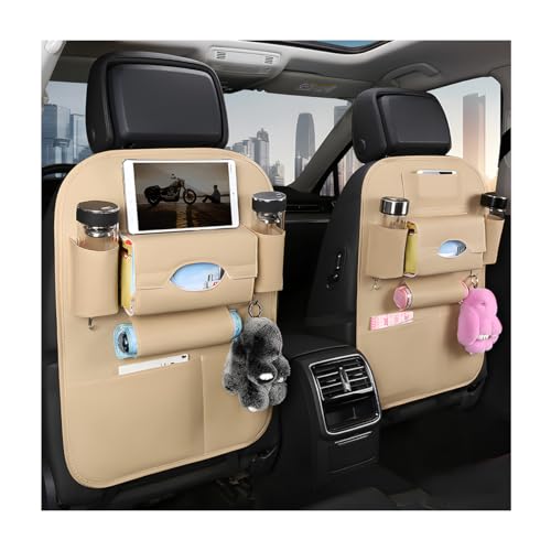 2PCS Car Seatback Organizer, Waterproof Leather Seat Back Storage with Cup Holder Tissue Holder Multiple Pockets, Back Seat Protector Kick Mats for Kids, Travel Accessories (Beige) - color: Beige