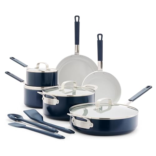 GreenPan x Bobby Flay 13 Piece Nonstick Cookware Pots and Pans Set, PFAS-Free Diamond Ceramic, Induction Suitable, Easy Clean Dishwasher & Oven Safe, Stay-Cool Silicone Handles, Glass Lids, Navy Blue - color: Navy Blue