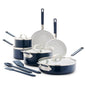 GreenPan x Bobby Flay 13 Piece Nonstick Cookware Pots and Pans Set, PFAS-Free Diamond Ceramic, Induction Suitable, Easy Clean Dishwasher & Oven Safe, Stay-Cool Silicone Handles, Glass Lids, Navy Blue - color: Navy Blue