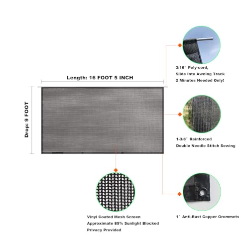 Shadeidea RV Awning Sun Shade Screen - 9' X 16' 5'' (Fit for 17' Awning) Mesh Sunshade for Motorhome Camping Trailer Awning Shadescreen UV Sunblocker Canopy Sunscreen - 3 Year Warranty (Black) - size: 9' 0'' x 16' 5'' -Actual Measurement