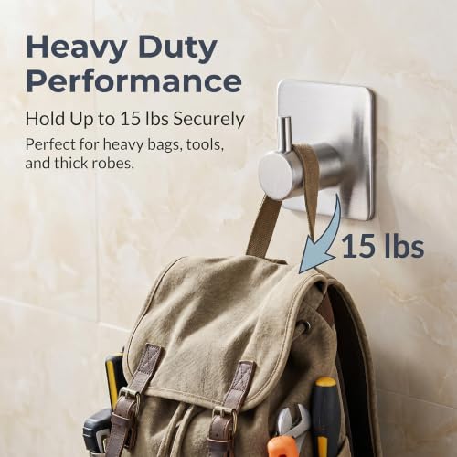 Fotosnow Adhesive Wall Hooks, 15lbs Stainless Steel Heavy Duty No Drill Towel Hooks for Bathroom Kitchen Entryway Dorm-6 Packs - color: Silver-6 Pack
