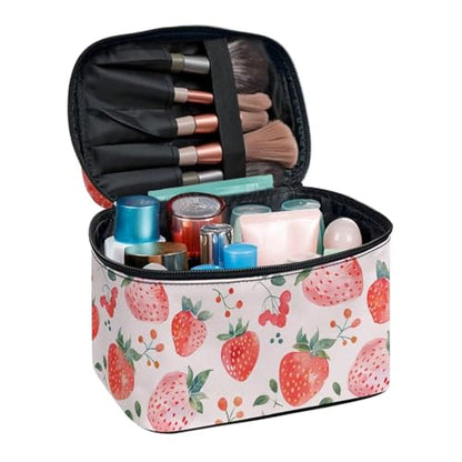 Comestic Bag for Women Strawberry Printed Makeup Brush Bag Exquisite Portable Travel Case for Toiletries Skin-Care Products with Versatile Uses - color: Strawberry