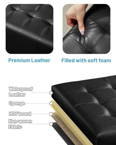Bsketa Storage Ottoman Foot Rest Stool, Small Leather Storage Ottomans Bench, Folding Foot Stool with Handles Lid, Foot Rest Under Desk for Living Room Bedroom, 17x13x13 in, Black - color: Black-1 Pack