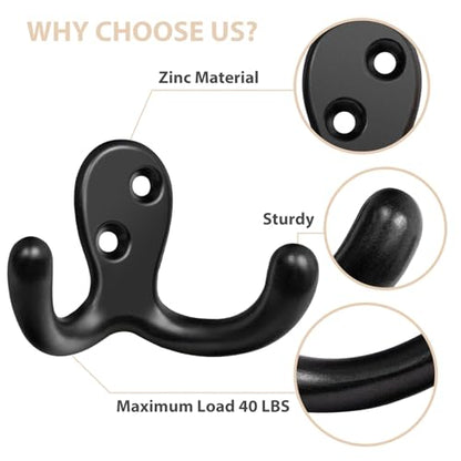 Homanu 100 Pack Coat Hooks, Heavy Duty Double Prong Coat Hooks Wall Mounted with 200 Screws, No Rust Black Metal Wall Hooks for Hanging Towel, Coat, Bag, Hat, Cup, Key - color: 100 Pcs Black