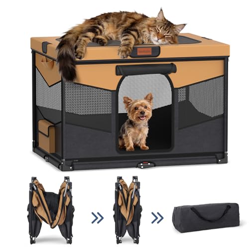 LOOBANI Foldable Dog Playpen for Small Dogs, Indoor/Outdoor Puppy Playpen with Removable Washable Fabric Enclosure, Sturdy Steel Frame & 690D Oxford Cloth, Portable Dog Cat Crate,32"x24"x22", Brown - color: Black-Brown
