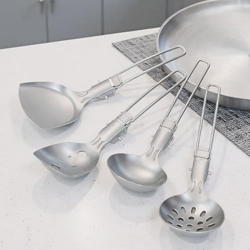 Camping Cooking Utensil Set, 6 Piece Stainless Steel Portable Cookware Set, Foldable Camp Utensil Tools For Outdoor Grilling BBQ Travel Road Trip