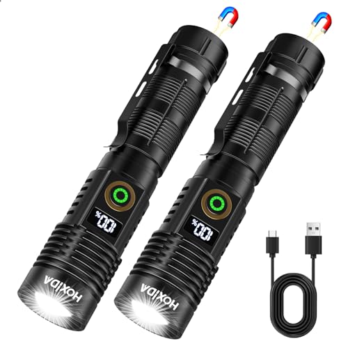 Hoxida Rechargeable Flashlights 2 Pack, 6 Modes Zoomable Powerful Tactical Linternas with LCD Digital Display, Super Bright High Lumens Handheld Magnetic Flashlights for Home Emergencies Camping - color: 2pcs