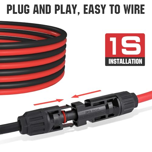 ECO-WORTHY 20FT 10AWG Solar Extension Cable 30A/1000V DC, IP67 Waterproof with Compatible Quick Connectors (Red+Black) for Solar Panels, Controllers, Off-Grid Systems - size: 20FT 10AWG