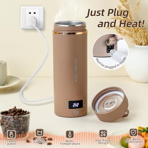 Travel Electric Kettle Portable Mini Kettle,Small Hot Water Boiler with 4 Temperature Settings,304 Stainless Steel, Fast Boiling Water with Auto Shut-Off and Boil Dry Protection,400 ml (Brown, 400ML) - color: Brown