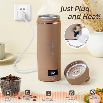 Travel Electric Kettle Portable Mini Kettle,Small Hot Water Boiler with 4 Temperature Settings,304 Stainless Steel, Fast Boiling Water with Auto Shut-Off and Boil Dry Protection,400 ml (Brown, 400ML) - color: Brown