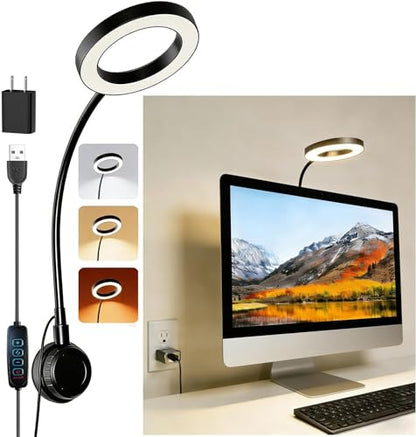 Suction Cup LED Desk Lamp for Computer Monitor, 3 Modes 10 BrightnessDesk Lights for Home Office with Adapter, Flexible Gooseneck Ring Light, Fill Light, Bedside, Reading, Study, Workbench, Black - size: 3.5IN