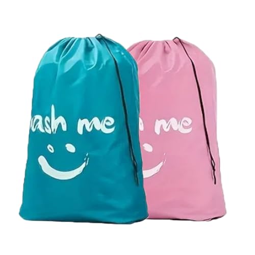 2 Pack XL Travel Laundry Bag, Dirty Clothes Organizer with Drawstring, Large Enough to Hold 4 Loads of Laundry， Easy Fit a Laundry Hamper or Basket，24" x 36" - color: Sky Blue+Pink