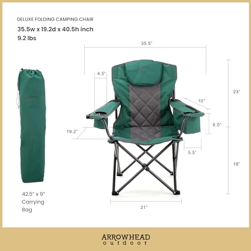 ARROWHEAD OUTDOOR 2-Pack Portable Deluxe Folding Camp Quad Chair w/Headrest, Glass & Cup Holders, Armest 6-can Cooler, Heavy Duty Carry Bag, 550 lbs Weight Capacity - color: Green 2pack