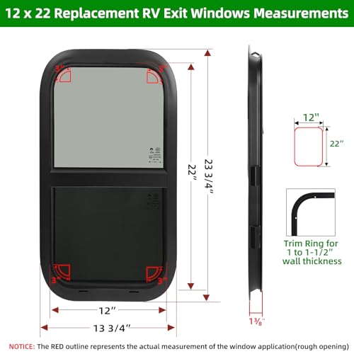 Cargo Trailer Windows,RV Windows for Camper Cargo Trailer Van Truck SUV,12" W x 22" H Vertical Sliding Window Replacement with Trim Ring,Fit 15/16" or 1-3/8" Thick Wall,Allow Error 1/16”,DOT Approved - size: 12"W x 22"H