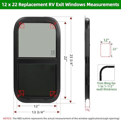 Cargo Trailer Windows,RV Windows for Camper Cargo Trailer Van Truck SUV,12" W x 22" H Vertical Sliding Window Replacement with Trim Ring,Fit 15/16" or 1-3/8" Thick Wall,Allow Error 1/16”,DOT Approved - size: 12"W x 22"H
