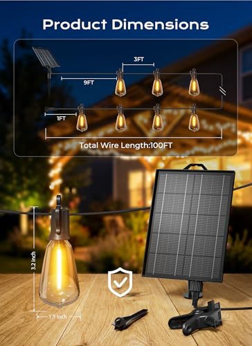Brightown 100FT Solar String Lights Outdoor Waterproof, Patio Lights with Remote and 31+2 LED Shatterproof Bulbs, Dimmable & Timable, 3 Light Modes, Solar Lights Outdoor for Yard Camping Party Outside - size: 100FT(31 Sockets)