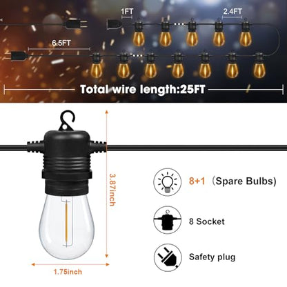 GvvooHome LED Outdoor String Lights 25FT with 9 Shatterproof S14 Bulbs, Waterproof for Porch, Deck, Garden, Balcony, Dimmable 2700K - size: 25FT