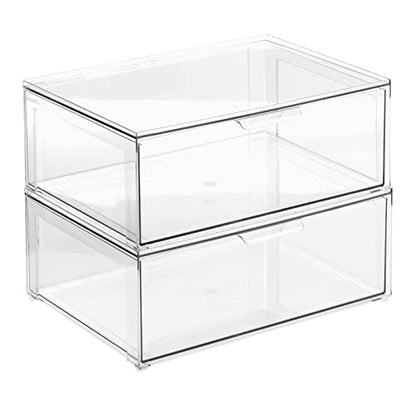 mDesign Plastic Stackable Bathroom Storage Organizer Bin Containers with Front Pull Drawer for Bathroom Countertop, Vanity, Closet Shelves - Holder for Accessories - Lumiere Collection, 2 Pack, Clear - size: 16 x 12 x 6 (Pack of 2)