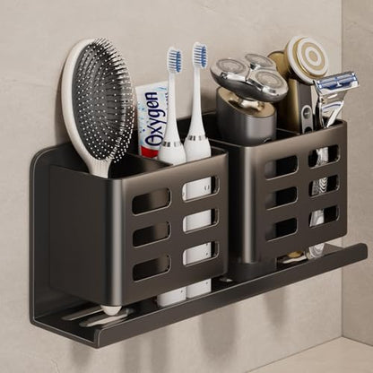 Aluminum Toothbrush Holder Self-Adhesive Hanging Bracket Shower Toothbrush Razor Holder Suitable for Toothbrush, Toothpaste, Razor and Comb etc Bathroom Storage - size: Black four slots