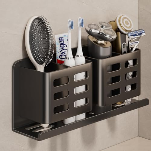 Aluminum Toothbrush Holder Self-Adhesive Hanging Bracket Shower Toothbrush Razor Holder Suitable for Toothbrush, Toothpaste, Razor and Comb etc Bathroom Storage - size: Black four slots
