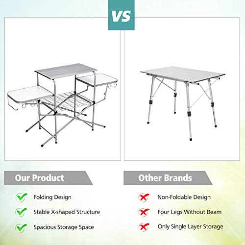 Goplus Folding Grill Table, Aluminum Camping Table with 26'' Main Tabletop, Hooks and Carry Bag, Portable Picnic Table Grill Stand for Outdoor Tailgating BBQ Beach Backyard RV