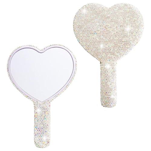 Wowagoga Sparkling Rhinestone Heart Shaped Handheld Mirror Heart Mirror Cosmetic Hand Mirror with Handle Cute Hand Mirror for Women Girls(White)