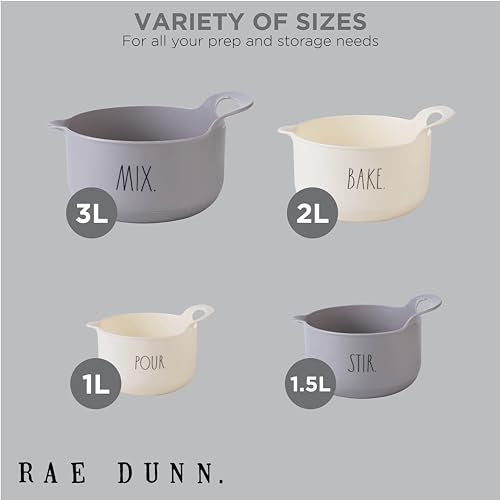 Rae Dunn Non-Slip Mixing Bowls - 4 Piece Nesting Plastic Mixing Bowl Set with Pour Spouts and Handles-Measurement Markings (Grey) - color: Gray