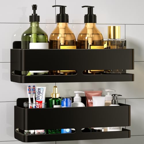 Shower Caddy, 2-Pack Shower Shelf, Heavy-Duty Bathroom Storage Shelf, Large Capacity No-Drill Bathroom Organizer, Black Metal Storage Basket, Adhesive Installation - size: Black-2 layers