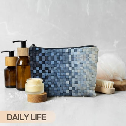 Modern Blue Checkered Makeup Bag, Blue and White Mosaic Checkered Cosmetic Bags for Women, Trendy Preppy Zipper Makeup Pouch - color: Blue Square