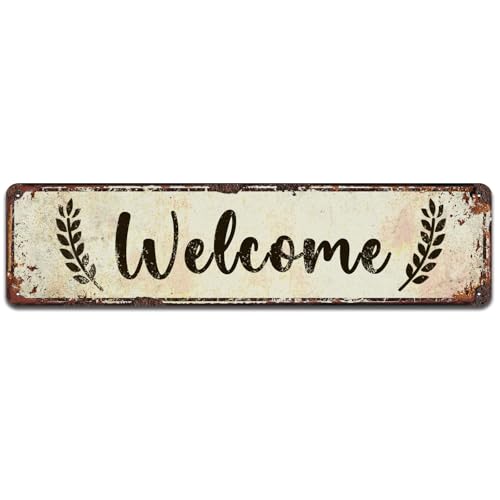 Welcome Tin Sign, Rustic Metal Signs for Home, Office, Bar, Cafe, Restaurant, Wedding, Party Decoration, 4 x 16 Inch - color: V-138