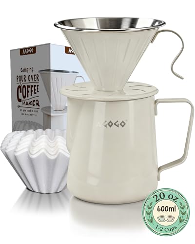 AGOGO Pour Over Coffee Maker Set - Unbreakable 304 Stainless Steel V60 Dripper & Server for Camping & Home, Includes 50 Paper Filters & Barista Towel - Cream White - 20oz - color: A03-Cream, size: 20oz / 600ml (Full Set)