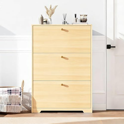 Nicetree Shoe Cabinet with 3 Flip Drawers，Freestanding Shoe Storage Cabinet, Narrow Shoe Organizer Cabinet, Farmhouse Slim Shoe Rack Cabinet for Entryway,Natural Oak with Hook - color: Natural Oak, style: 3-Drawers with Hook