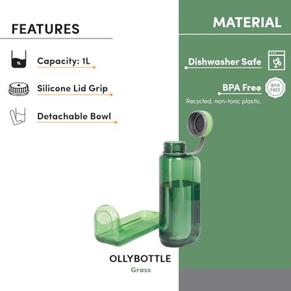 OllyDog OllyBottle | Tritan Dog Water Bottle with Detachable Bowl | BPA Free Leakproof Pet Dispenser | Hiking Travel (1L, Grass) - color: Grass, size: 1L