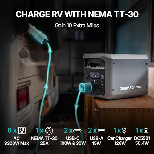 DABBSSON 3072Wh Solar Generator with 420W Solar Panel, Semi-Solid LiFePO4, 3000W AC Output 6,TT-30 1 for Charging RV,P-Boost 3600W,Lightweight,1.3X Runtime, 3000L Power Station for Camping Home Backup - style: 3000L+420W Solar Panel