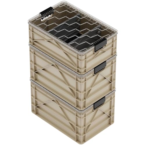 SIDIO Crate Pro Pack - 2 Full-Size & 1 Half-Size Heavy Duty Stackable Storage Bins, Totes and Containers with Lids and Dividers - Durable Organizer for Home, Office, Garage, and Outdoor Use - color: Tan