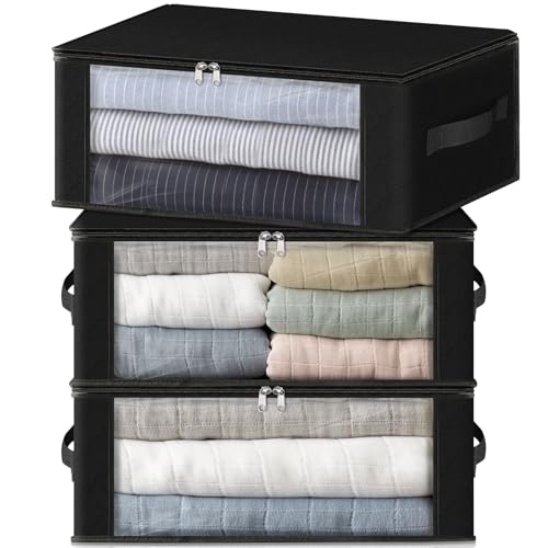 HomeHacks Storage 3-Pack Clothes Organizer Storage Bags Foldable Storage Box with Large Clear Window Sturdy Handles for Closet, Dorm, Pillows, Bedding, Clothes, Blankets, 35L, Black - color: Black
