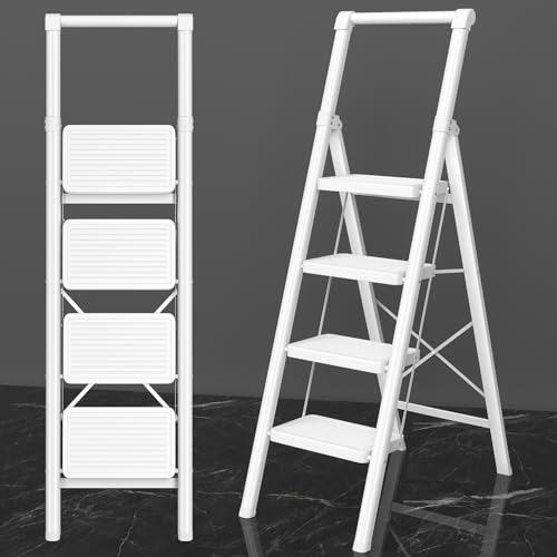 DIAMONDFORGE 4 Step Ladder, Folding Step Stool & Collapsible Stool for Kitchen, 330lbs Capacity with Wide Anti-Slip Pedal & Feet, Sturdy Steel Step Ladder for Home and Office, White - color: White, size: 4 Step
