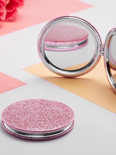 OMIRO 1X/10X Magnifying Compact Mirror with PU Leather, Ultra-Portable for Purses and Travel, Round Pink - color: Pink