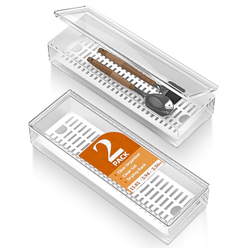 2 Pack Clear Silverware organizer with lid, Plastic Flatware Storage Box, Kitchen Drawer Organizer tray, Cutlery Utensil Holder