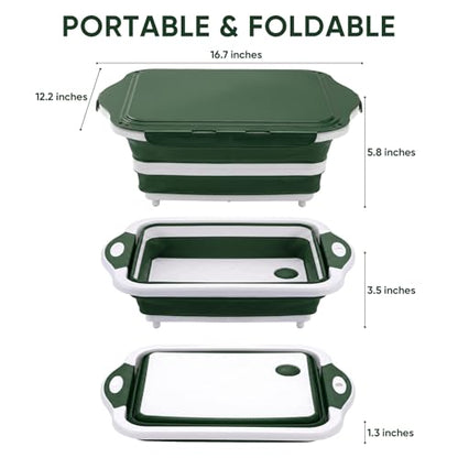 Collapsible BBQ Prep Tub with Lid, Foldable Camping Sink with Colander, Cutting Board, Dish Basin for Kitchen, Bowl, Vegetable and Fruit, Storage Basket for Picnic-Green - color: Green