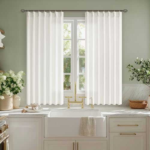 Cream Natural Pinch Pleat Linen Curtains 54 Inches Long for Kitchen Pinch Pleated Rings Hooks Back Tab Light Filtering Boho Farmhouse Short Semi Sheer 54 Inch Curtain for Dining Bedroom Small Window - color: Natural, size: 40"W x 54"L (Pack of 2)
