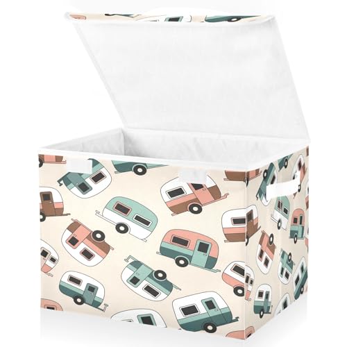 Retro Camper Trailers Storage Bins with Lids Foldable Storage Basket with Handles Collapsible Large Fabric Organizer Containers for Clothes Shelves Closet Office Home