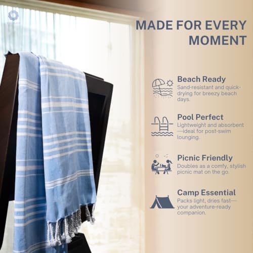Cotton Turkish Beach Towel with Towels Oversized 36"x72" Pool Absorbent Extra Large Quick Dry Sand Travel Towel (Azure Bliss, 2 Pack) - color: Azure Bliss, size: 2 Pack