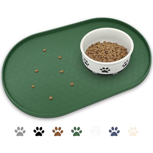 KPWACD Pet Placemat for Dog and Cat, Anti-Slip Waterproof Dogs Feeding Bowl Mat Prevent Food and Water Overflow, Silicone Puppy Dish Mats Suitable for Small Medium Big Pets, Hunter Green, 19" * 12" - color: Hunter Green, size: 19"L x 12"W