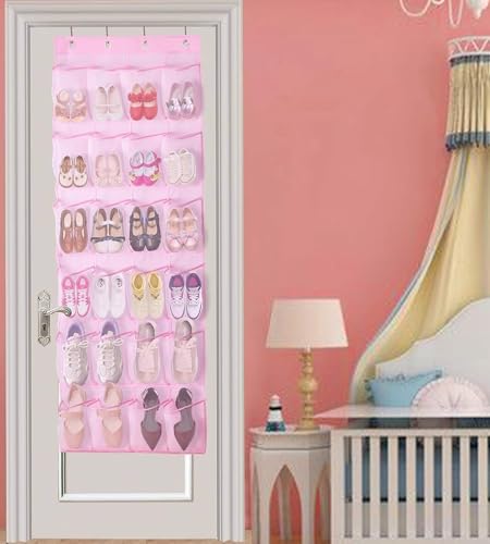 MISSLO Over The Door Shoe Organizer 24 Large Mesh Pockets (Pink) - color: Pink